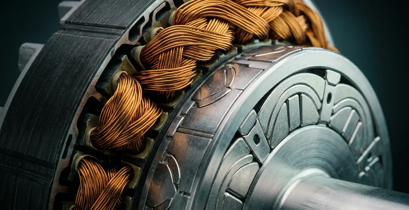 Gros plan sur un moteur électrique à aimants permanents avec détails visibles du rotor et du stator