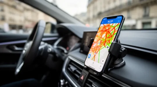 Navigation GPS moderne affichée dans un véhicule circulant sur le périphérique parisien aux heures de pointe