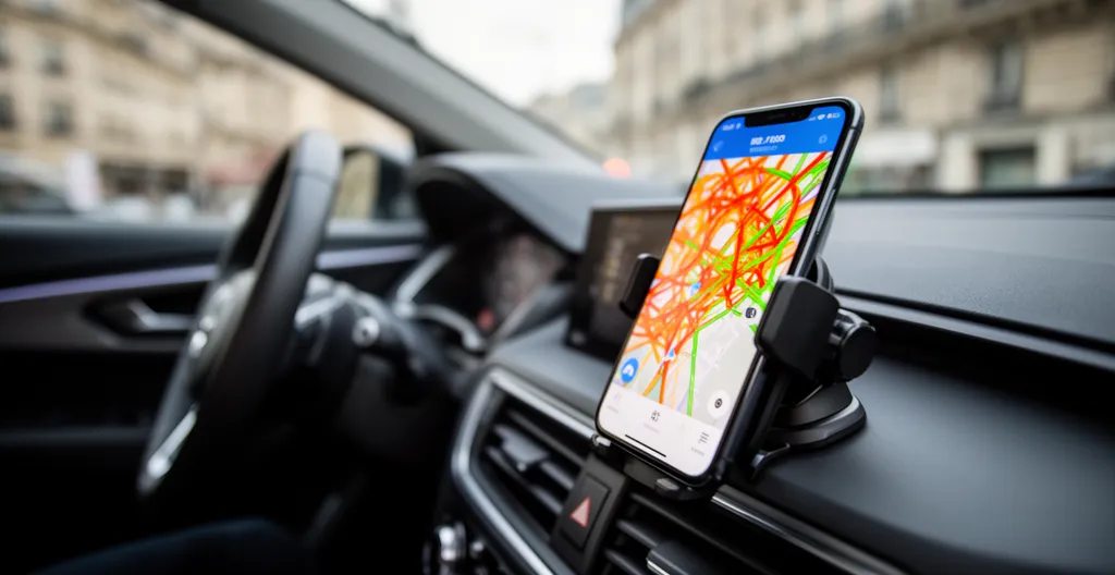 Navigation GPS moderne affichée dans un véhicule circulant sur le périphérique parisien aux heures de pointe