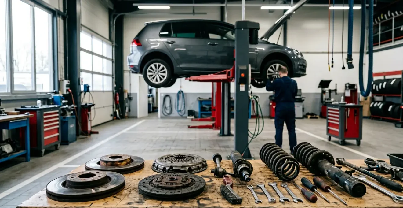 Vue détaillée d'un atelier mécanique professionnel montrant diverses pièces d'usure automobile