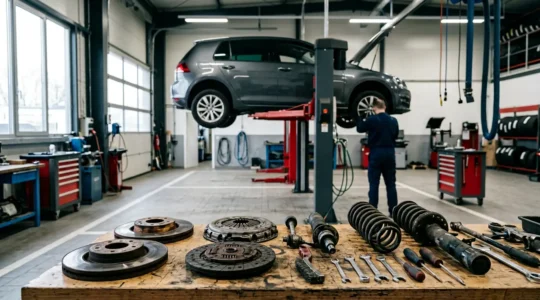 Vue détaillée d'un atelier mécanique professionnel montrant diverses pièces d'usure automobile
