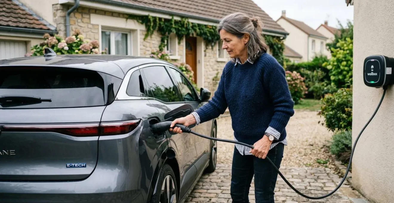 Conductrice branchant câble de recharge sur véhicule électrique dans allée résidentielle