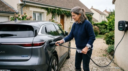 Conductrice branchant câble de recharge sur véhicule électrique dans allée résidentielle