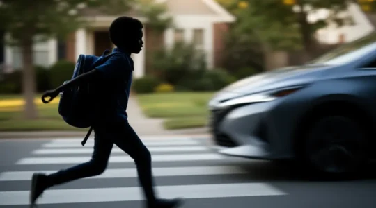 Système de freinage d'urgence autonome détectant un enfant qui traverse soudainement devant un véhicule