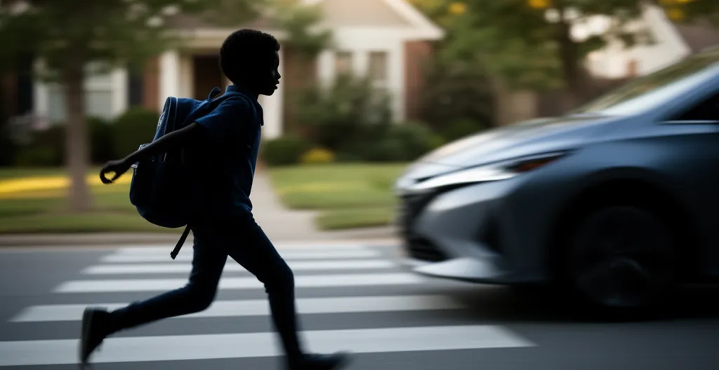 Système de freinage d'urgence autonome détectant un enfant qui traverse soudainement devant un véhicule