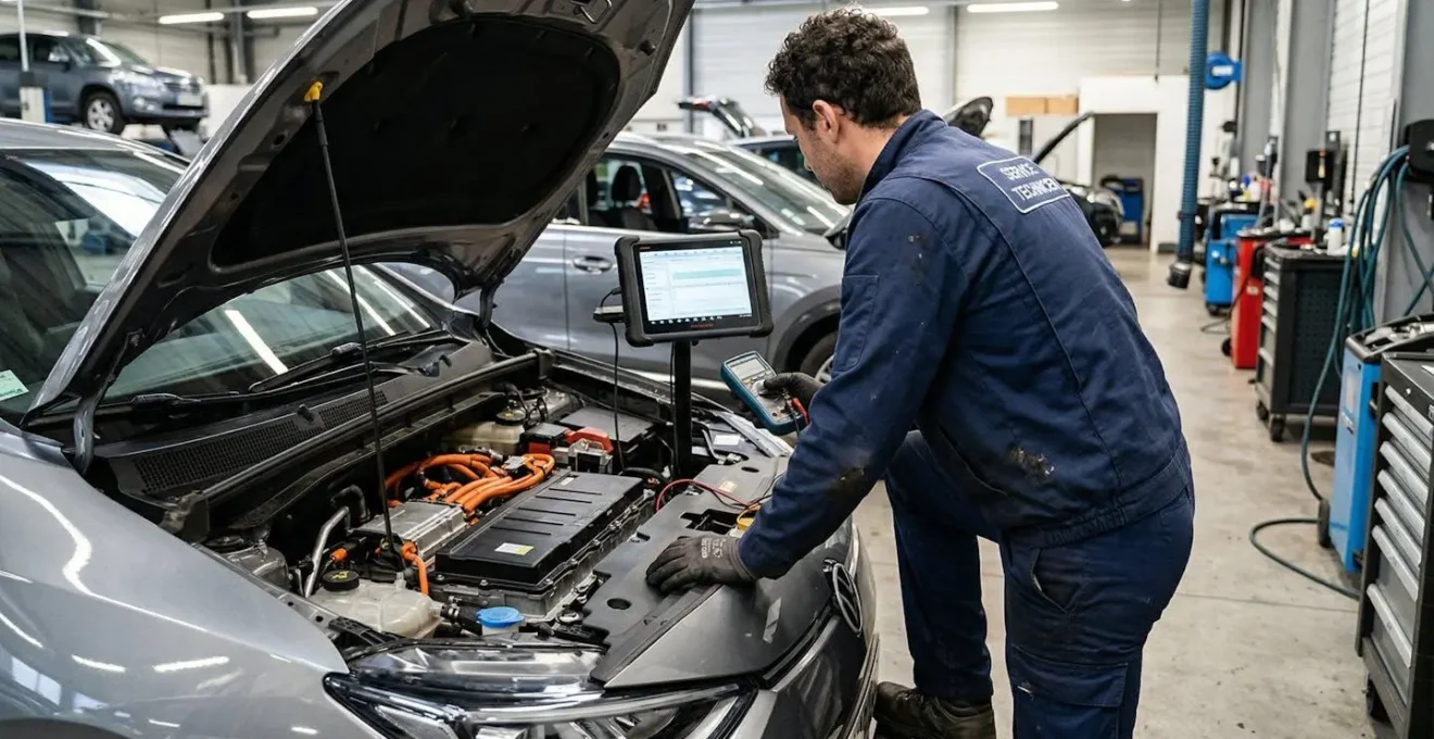 Technicien automobile inspectant le compartiment batterie d'un véhicule électrique