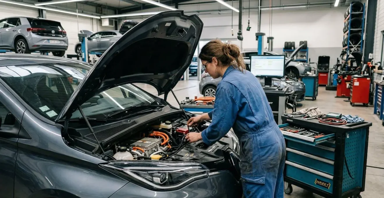 Technicien automobile inspectant compartiment moteur véhicule électrique en atelier