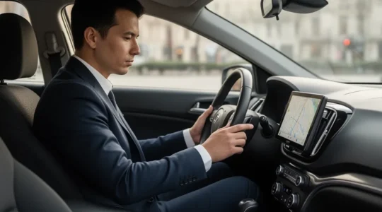 Conducteur consultant une application de navigation GPS dans sa voiture pendant les embouteillages matinaux