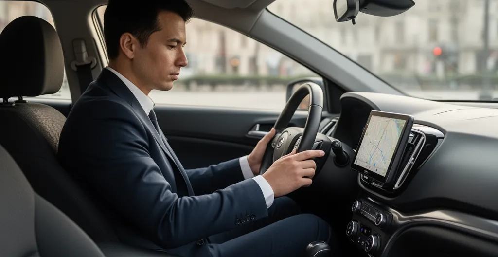 Conducteur consultant une application de navigation GPS dans sa voiture pendant les embouteillages matinaux