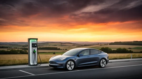 Vue d'une voiture électrique en recharge sur une aire d'autoroute française avec des bornes modernes et paysage en arrière-plan