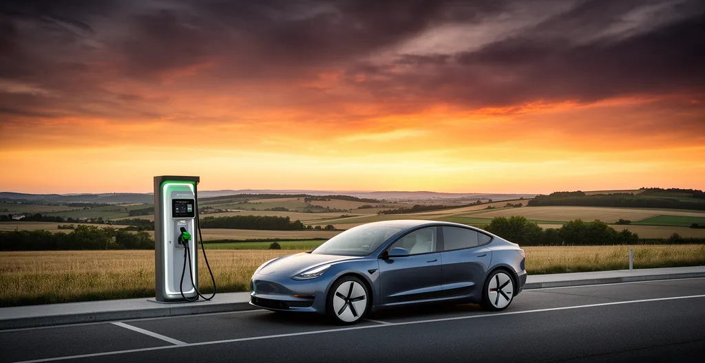 Vue d'une voiture électrique en recharge sur une aire d'autoroute française avec des bornes modernes et paysage en arrière-plan