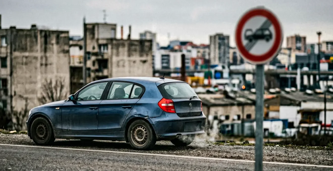 Voiture diesel ancienne face à un panneau d'interdiction de zone à faibles émissions
