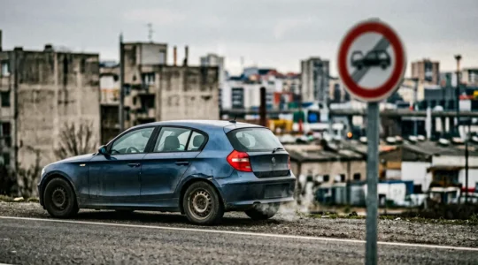 Voiture diesel ancienne face à un panneau d'interdiction de zone à faibles émissions