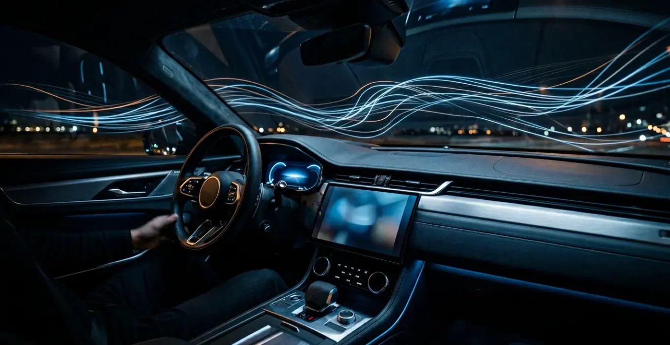 Habitacle de voiture moderne illuminé par les reflets bleutés d'une mise à jour en cours sur l'écran de bord