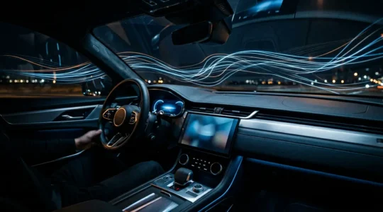 Habitacle de voiture moderne illuminé par les reflets bleutés d'une mise à jour en cours sur l'écran de bord