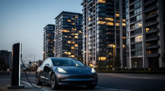 Vue nocturne d'un immeuble résidentiel moderne avec voiture électrique en charge sur une borne publique en premier plan