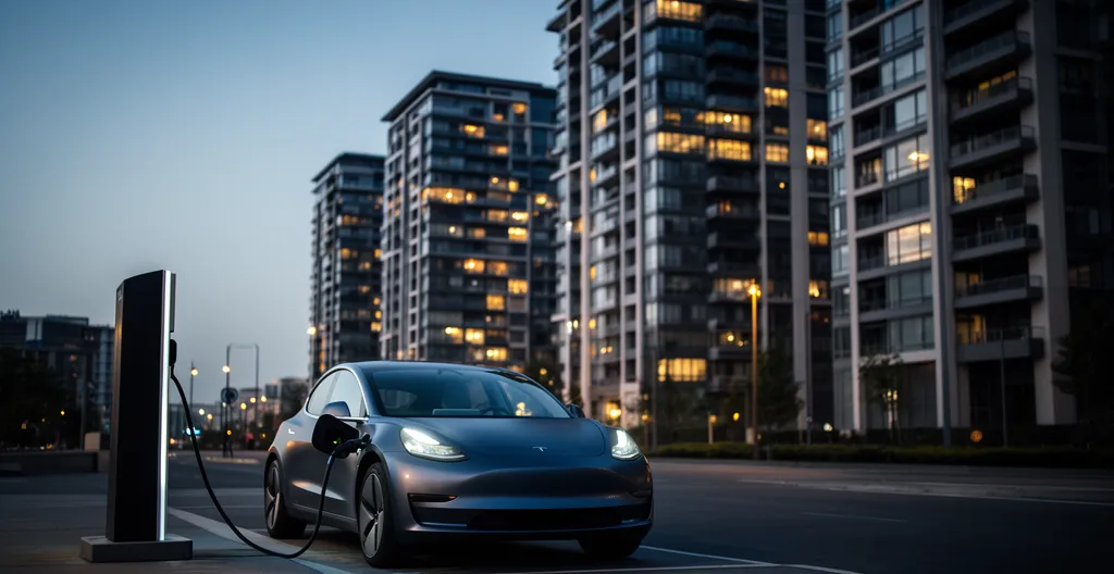 Vue nocturne d'un immeuble résidentiel moderne avec voiture électrique en charge sur une borne publique en premier plan