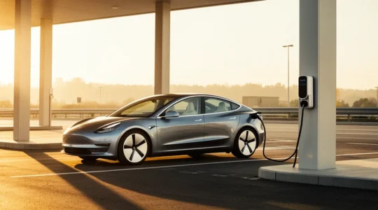 Véhicule électrique professionnel stationné à une borne de recharge rapide sur une aire d'autoroute