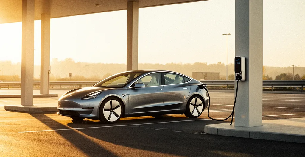 Véhicule électrique professionnel stationné à une borne de recharge rapide sur une aire d'autoroute