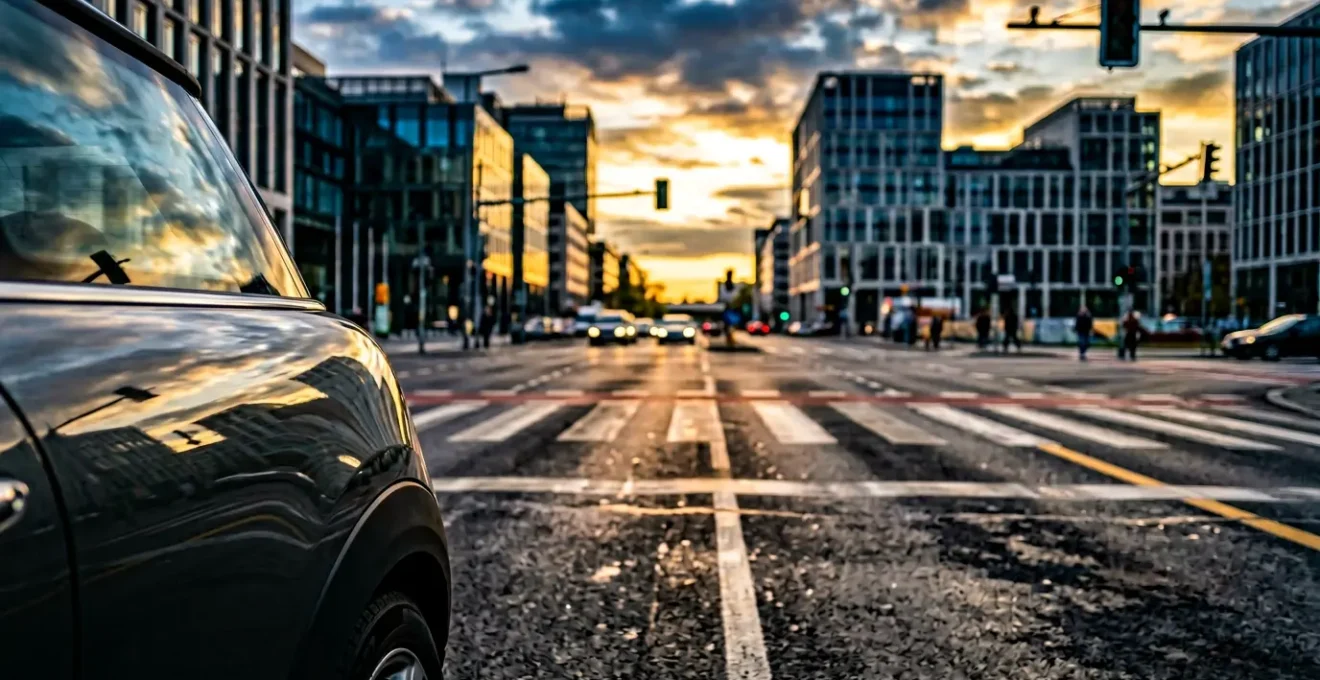 Scène urbaine moderne avec véhicule essence face aux enjeux économiques et environnementaux de 2024