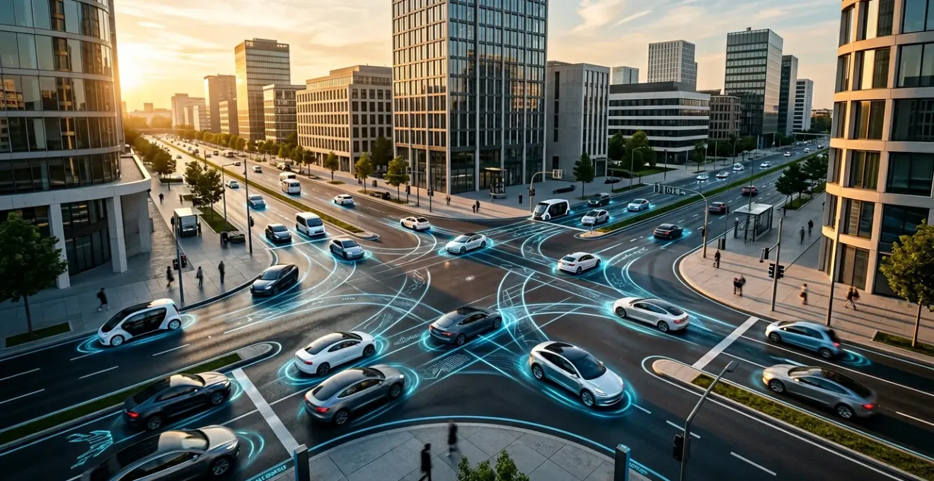 Vue aérienne d'une intersection urbaine avec des véhicules connectés communiquant avec l'infrastructure routière intelligente