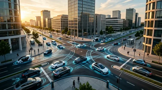 Vue aérienne d'une intersection urbaine avec des véhicules connectés communiquant avec l'infrastructure routière intelligente