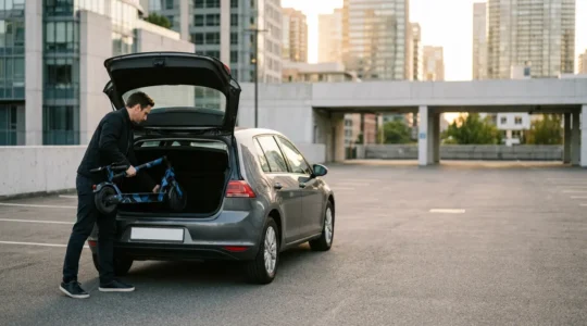 Scène de mobilité intermodale montrant une personne chargeant une trottinette électrique pliée dans le coffre d'une citadine en milieu urbain