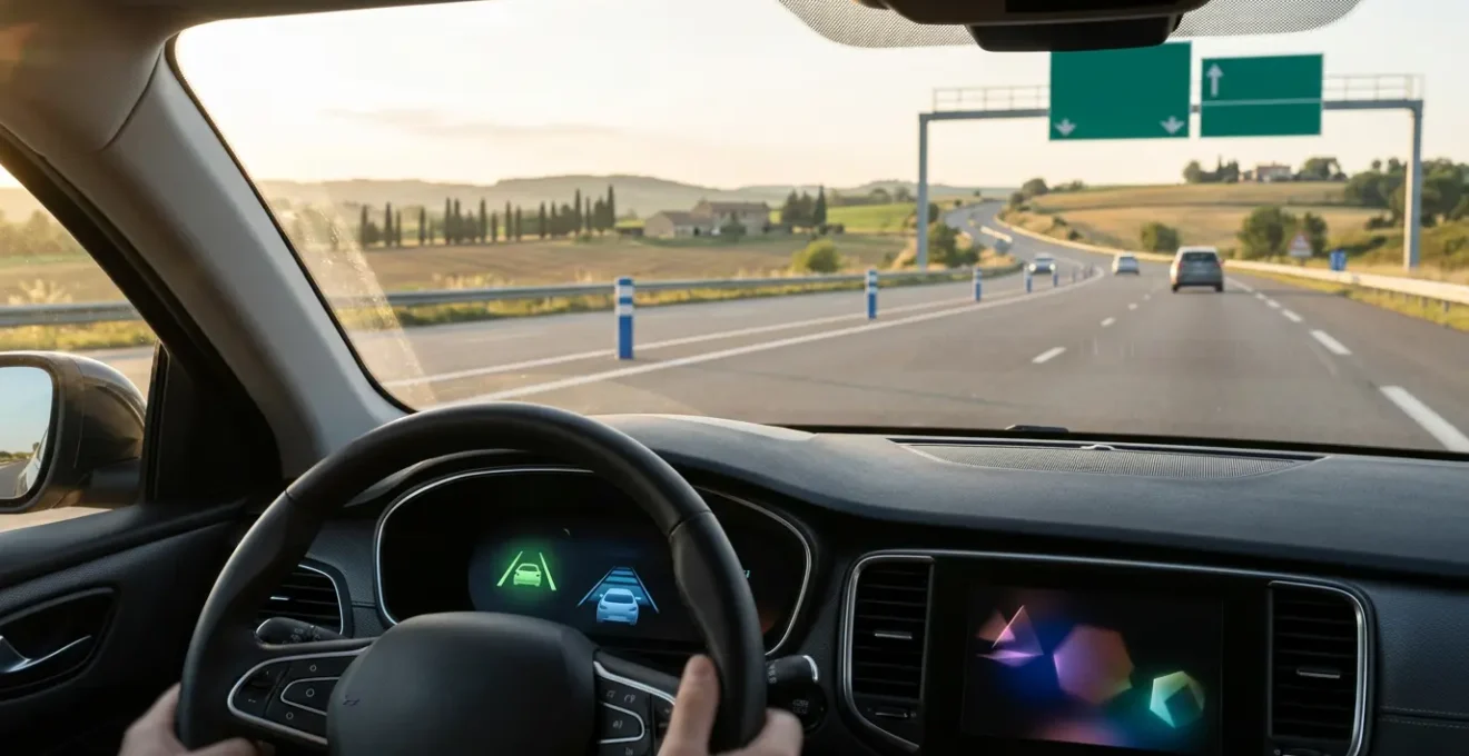 Vue depuis l'habitacle d'une voiture moderne sur une autoroute française avec système d'aide à la conduite actif