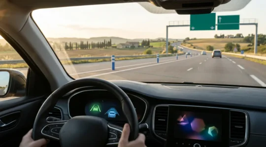 Vue depuis l'habitacle d'une voiture moderne sur une autoroute française avec système d'aide à la conduite actif