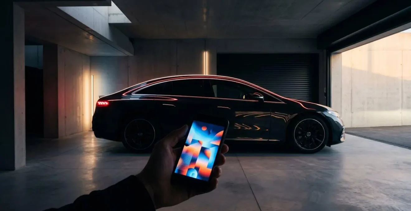 Main tenant un smartphone près d'une voiture moderne avec reflet des options activées