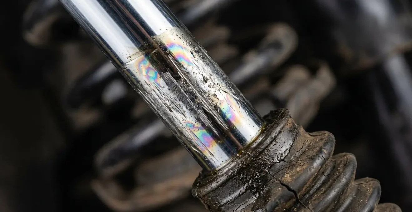 Vue macro détaillée d'un amortisseur automobile montrant l'usure et les fuites d'huile