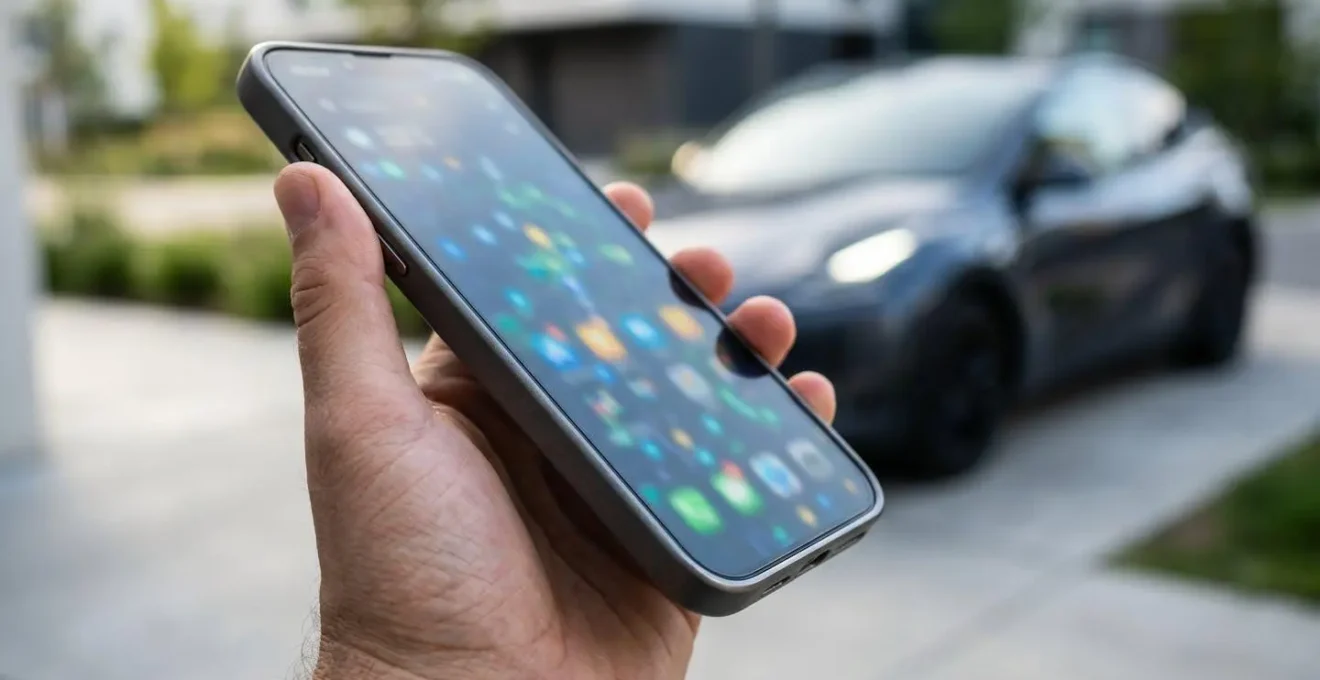 Gros plan sur une main tenant un smartphone affichant une carte floue avec des indicateurs de charge, en arrière-plan une voiture électrique
