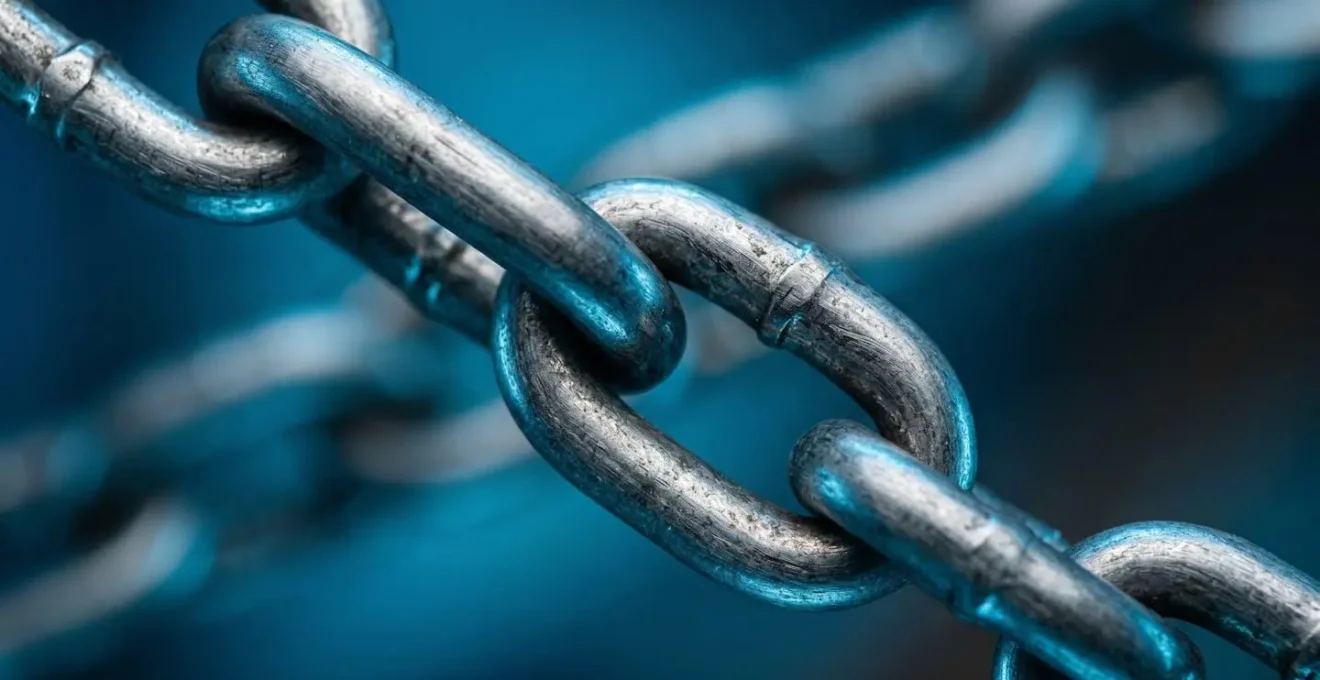 Vue macro d'une chaîne métallique interconnectée avec des reflets lumineux bleutés symbolisant la sécurité blockchain