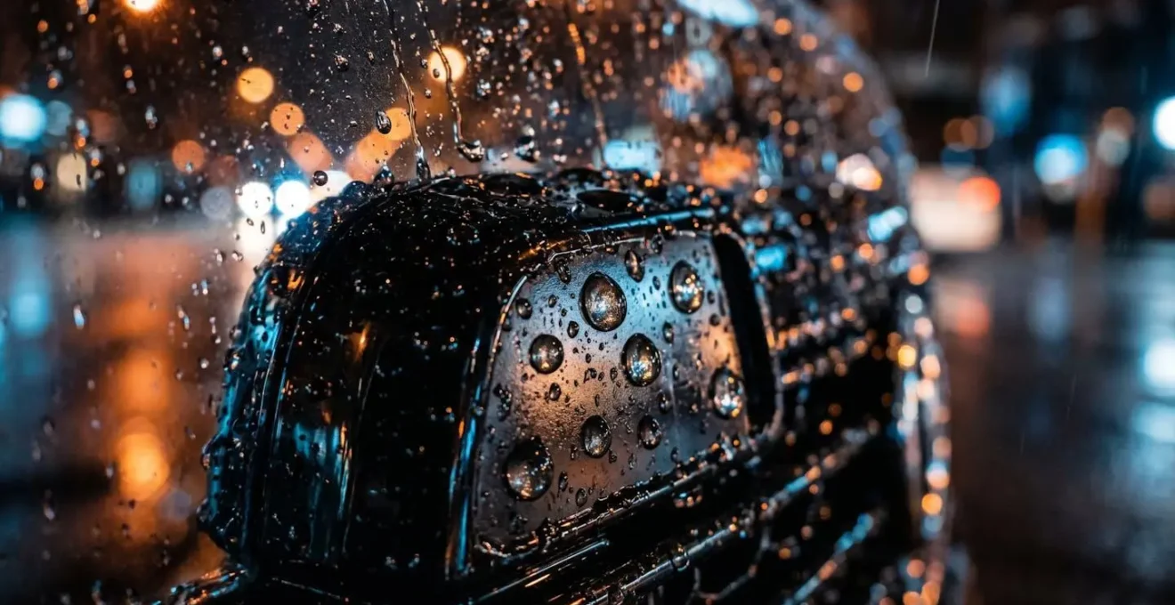 Capteurs de véhicule sous la pluie avec gouttes d'eau créant des interférences visuelles