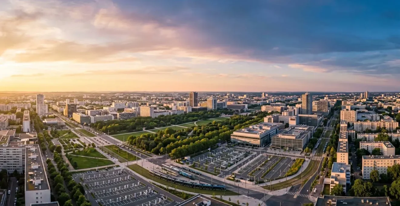 Vue aérienne d'une métropole moderne avec zones vertes et infrastructures de recharge électrique