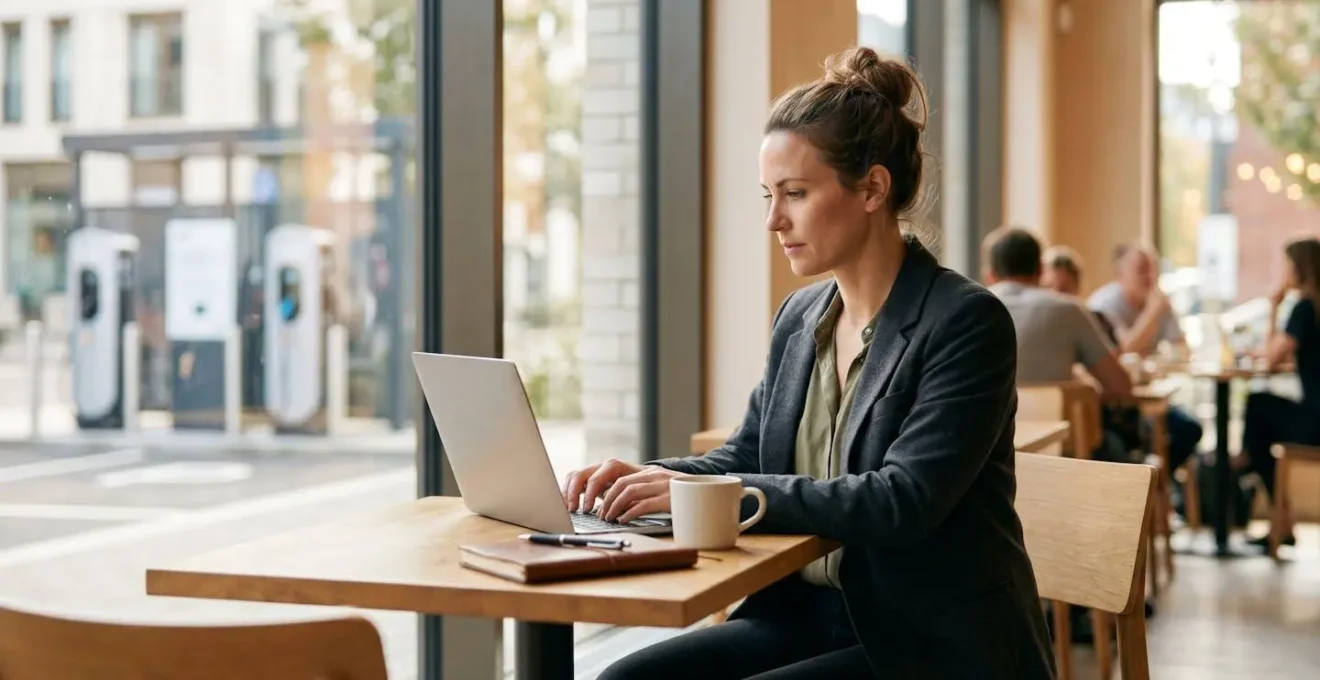 Commercial travaillant sur son ordinateur portable dans un café moderne, avec une station de recharge visible en arrière-plan.