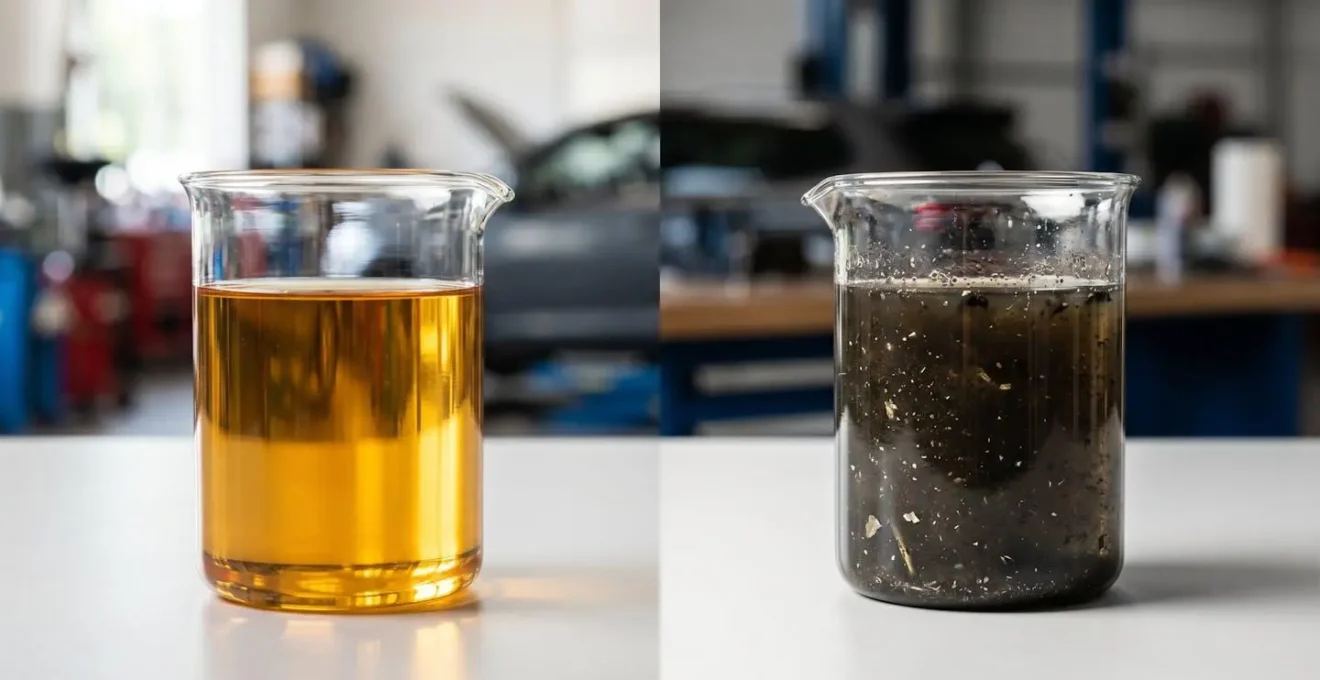 Comparaison visuelle entre huile de boîte neuve dorée et huile usagée noirâtre avec particules