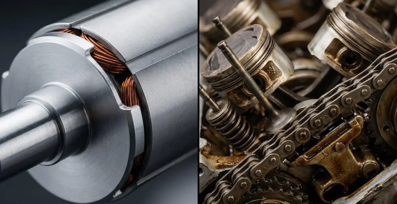 Comparaison macro des pièces d'un moteur électrique simplifié versus moteur thermique complexe