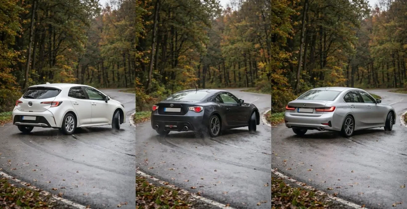 Trois voitures avec différents types de transmission sur route mouillée montrant leurs comportements dynamiques