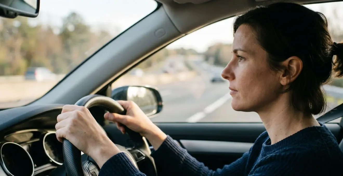 Vue depuis l'intérieur d'un véhicule montrant un conducteur concentré sur la route