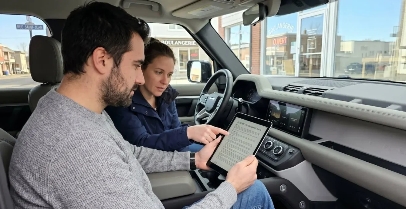 Un couple consulte des documents d'assurance sur une tablette dans l'habitacle d'un 4x4 moderne
