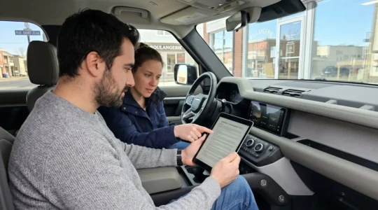 Un couple consulte des documents d'assurance sur une tablette dans l'habitacle d'un 4x4 moderne