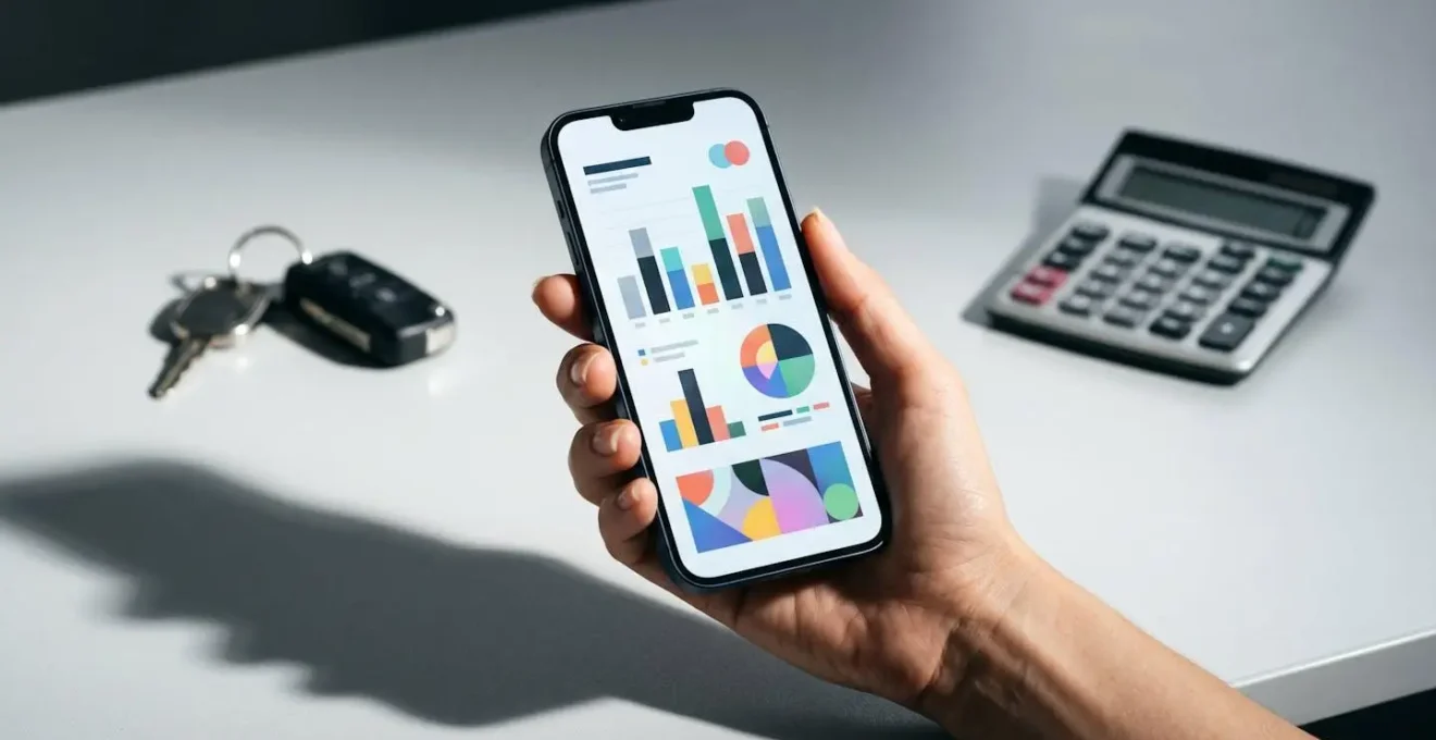 Main tenant un smartphone avec des graphiques abstraits représentant un devis dans un environnement atelier
