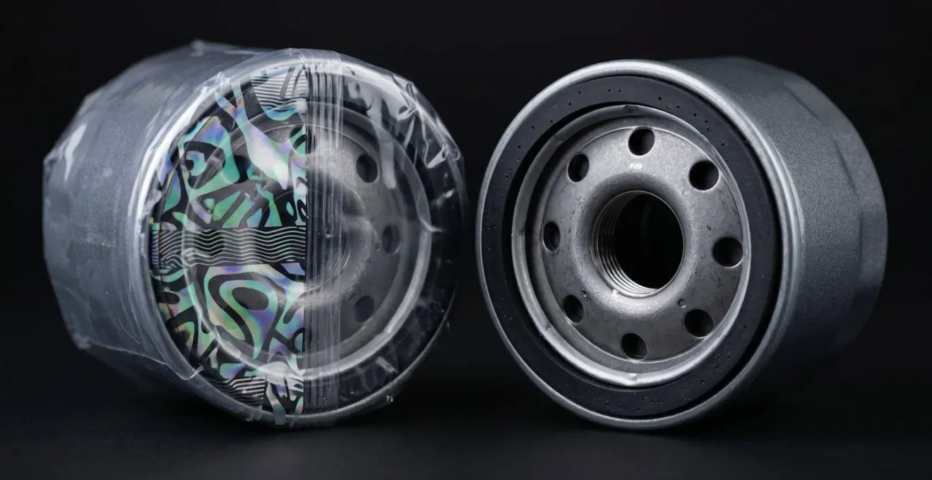 Vue macro de deux pièces automobiles identiques avec emballages différents