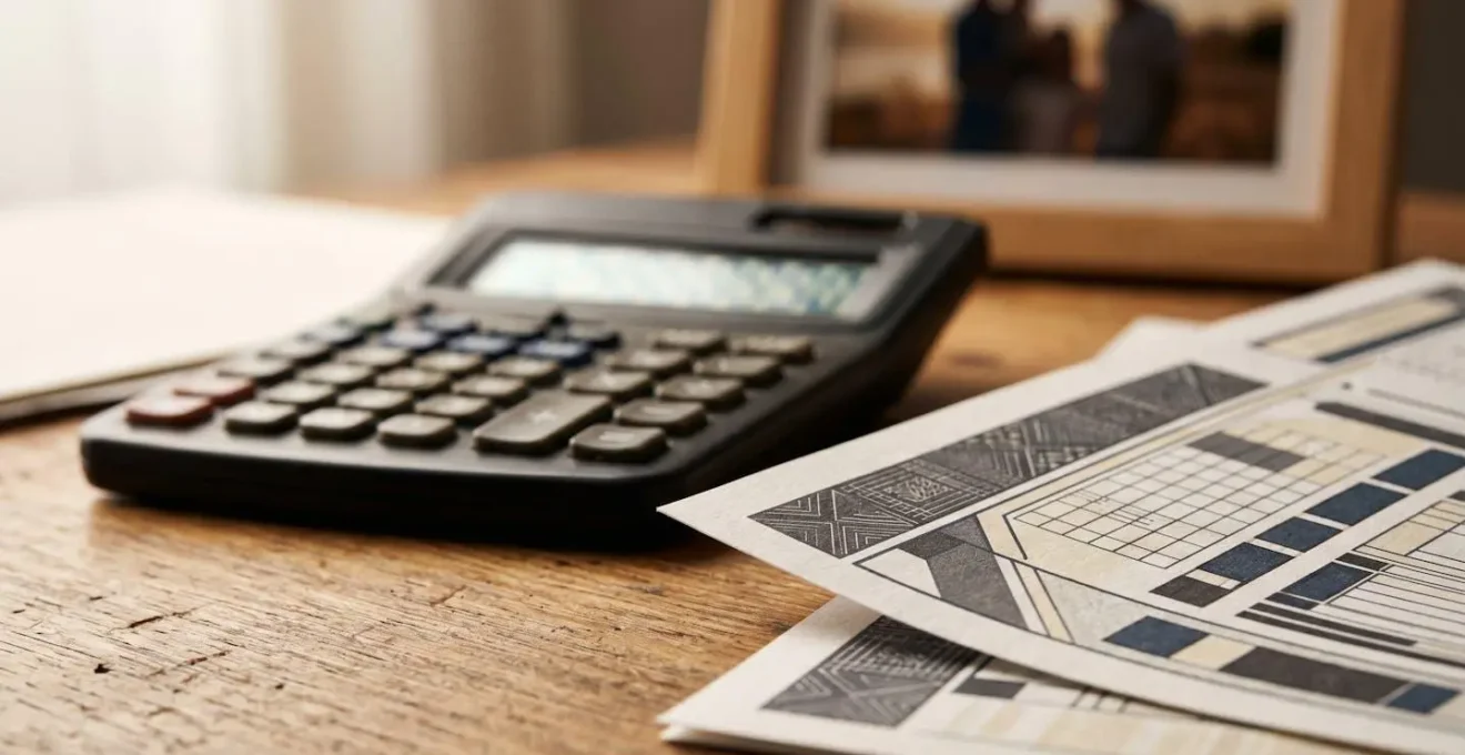 Bureau avec documents administratifs éparpillés et calculatrice montrant des économies substantielles