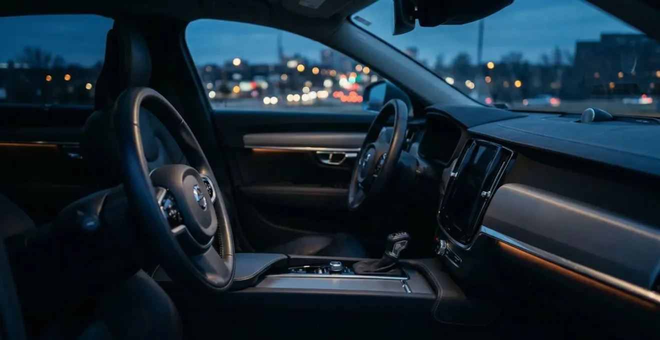 Vue grand angle de l'habitacle d'une voiture moderne de nuit avec éclairage d'ambiance pendant procédure de redémarrage