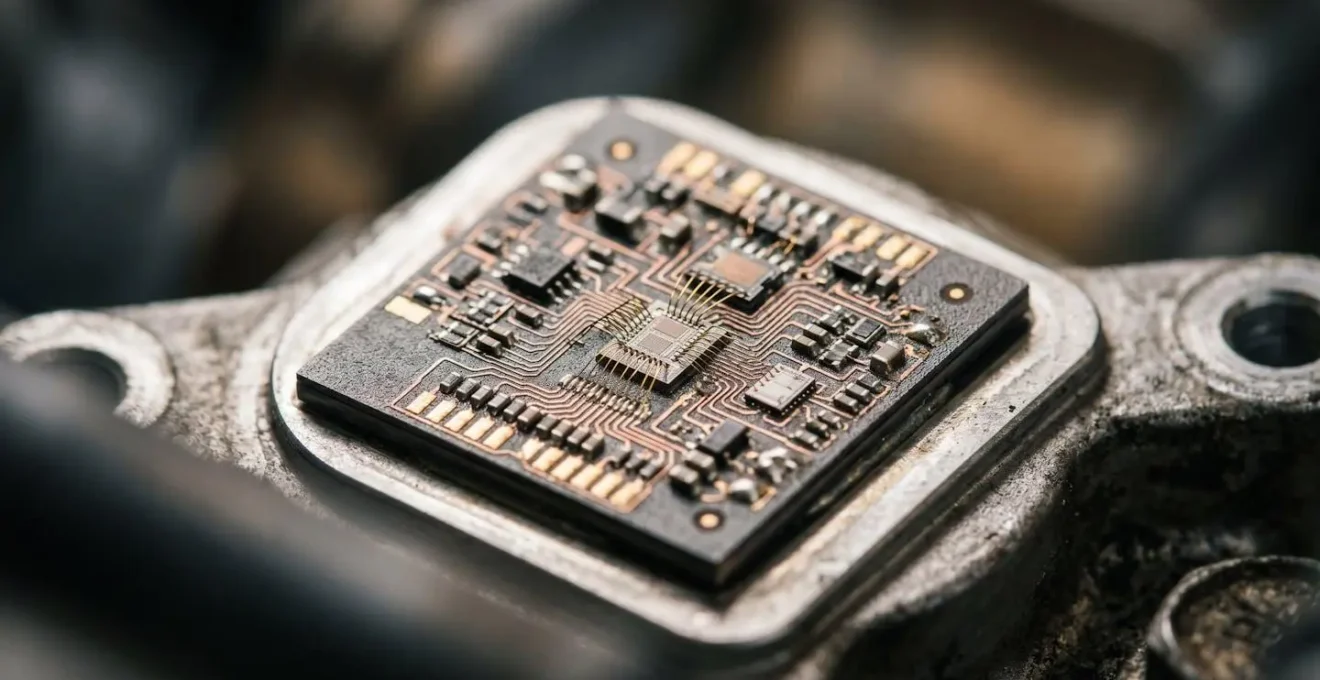 Représentation d'un capteur automobile analysant les composants d'un moteur pour la maintenance prédictive.