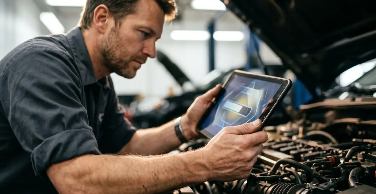Mécanicien filmant un diagnostic sous le capot avec une tablette professionnelle