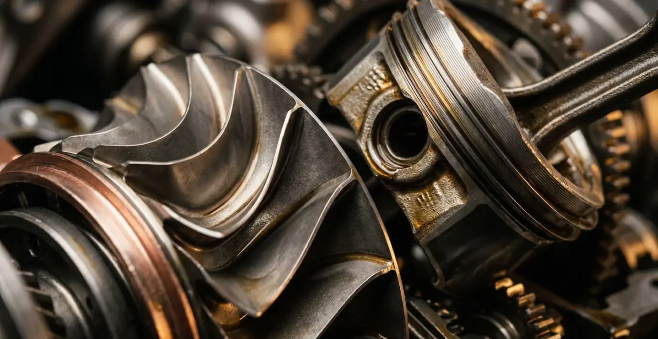 Vue macro détaillée de composants mécaniques de moteur turbo moderne