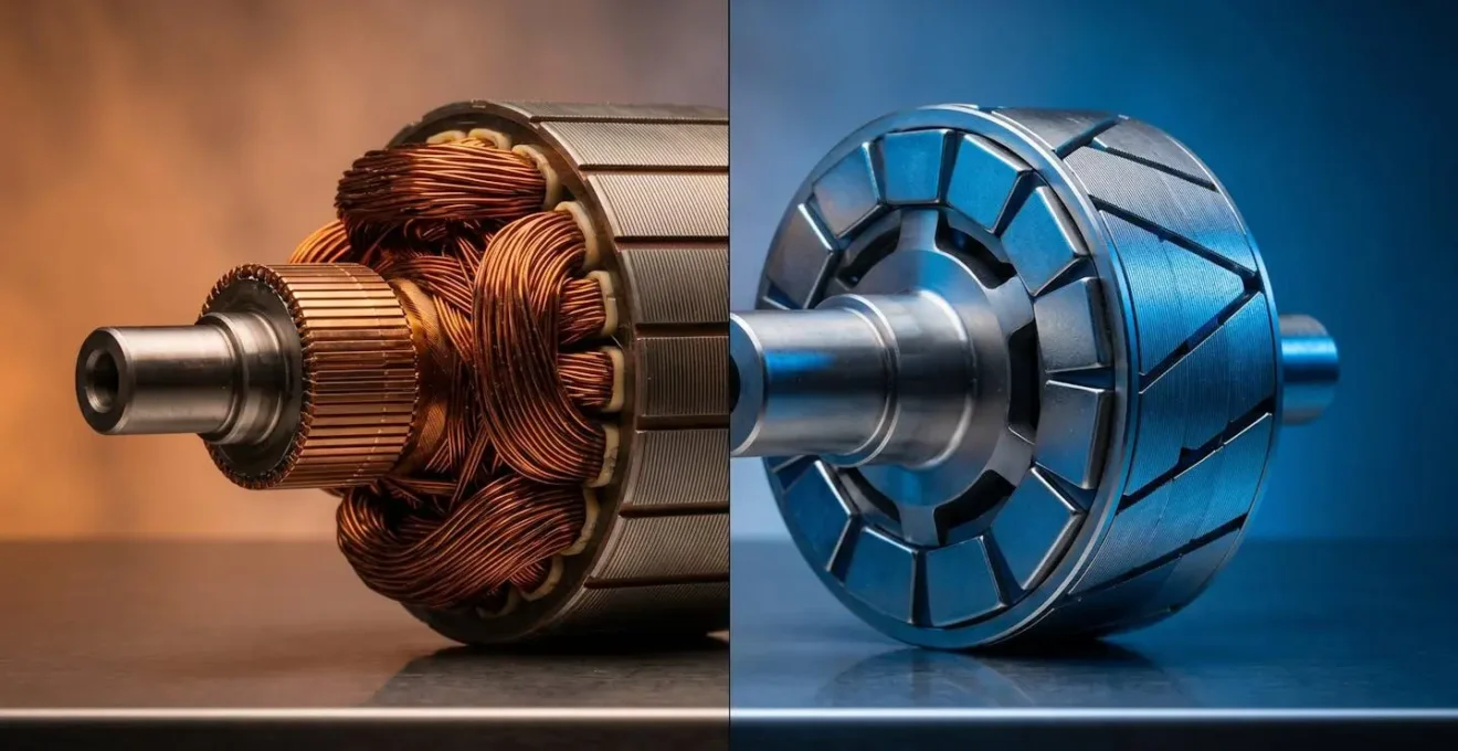 Comparaison visuelle entre un rotor bobiné avec ses enroulements de cuivre et un rotor à aimants permanents aux formes géométriques.